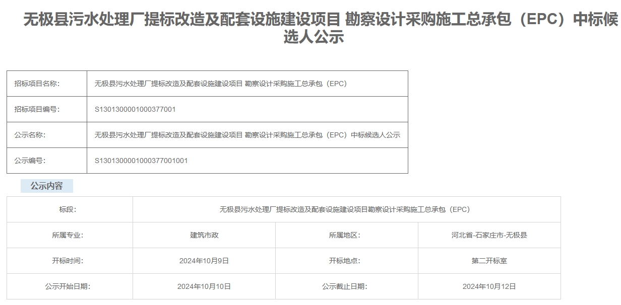 限价1.06亿！河北无极污水处理厂提标改造及配套设施建设项目EPC开标
